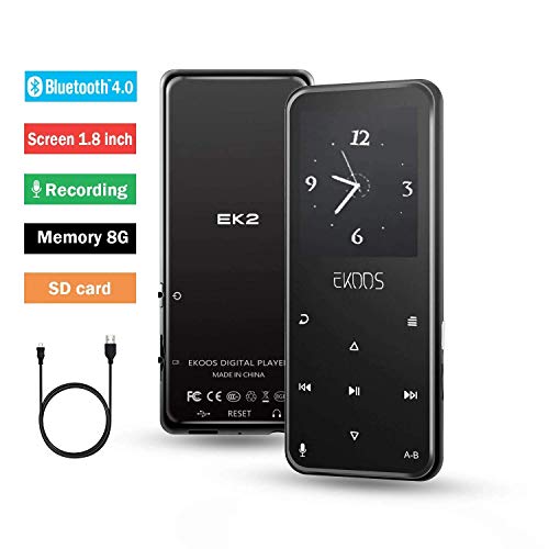 EKOOS Reproductor de música MP3 con Bluetooth y botón táctil (8 GB, sin pérdida de sonido, reproductor de MP3 de metal, con pantalla de vídeo MP4, 1,8 TFT, radio FM, grabadora de voz
