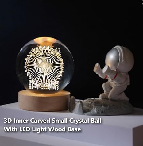 Image of 3D Galaxy Crystal Ball Night Lamp, Solar System Glass Art Ornament Wood Holder Display Stand Night Lamps Desktop Home Decoration Birthday Gift for Kids (Ferris Wheel)