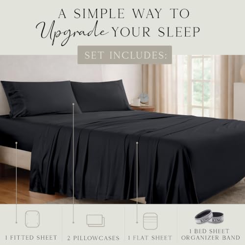 Image of KARISSA MAE Luxury Bamboo Viscose King Size Sheet Set | FSC Certified | Cooling | Ultra Soft | 18 inch Deep Pockets | Elastic Corner Straps | Includes Organizer Band [Black]