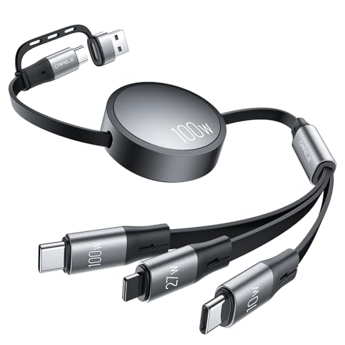 CAFELE Cable Cargador Multiple Dual-USB-C Multi 6 en 1,Cable Retráctil de Carga Rápida 100W PD3.1/QC5.0,[100W+10W+L27W] Cable USB A/C a 3 en 1,para 16,15,14,13,12,Galaxy S25,Pad,MaBook Pro Air-110CM