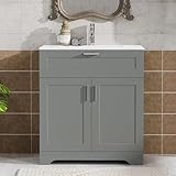 YOCONYO 30 inch Bathroom Vanity with Ceramic Sink, Bathroom Sink and Cabinet Combo Set, Wood Vanity with Hidden Storage, Vanity Sinks for Bathrooms, Painted Surface (Grey, 30 inch)