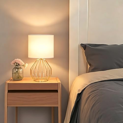 Lámpara de Mesa Dorada para Dormitorio con Pantalla de Tela Blanca miniatura 6