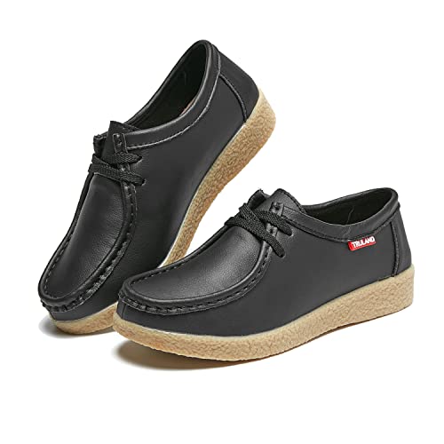 Image of TRULAND Leather Oxford Shoes for Women - Suede Lace Up Moc Toe Low Platform Flat Wallabees Shoes