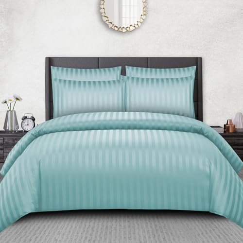 Pamposh Juego de funda de edredón de satén a rayas tamaño Super King, juego de ropa de cama de calidad de hotel, microfibra hipoalergénica y ultrasuave