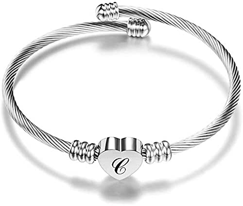 AURSTORE Bracciale a cavo da 20 cm, in acciaio inossidabile 316L, regolabile, personalizzabile con lettera A-Z, da donna, colore argentato (C)
