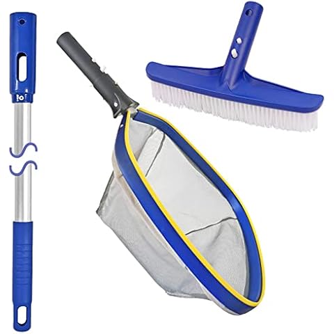 Poolvio Swimming Pool Cleaning Kit, 10" Pool Brush Head & 50'' Telescopic Aluminum Pool Pole with Pool Fine Mesh Aluminum Skimmer Net - Perfect for Above Ground Pools, Spas, Hot Tub & Fountains Cover