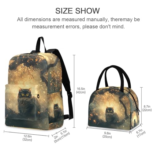 Backpack Lunch Bag Set Fantasy Night Cat Print, Big Storage Travel Backpacks with Insulated Lunch Box for Office Hiking Picnic2