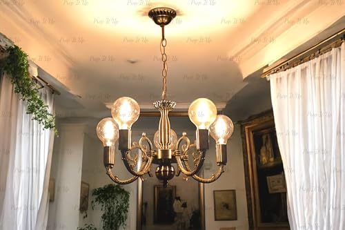 Image of Prop It Up Vintage Style Chandelier, 5-Light Pendant, Antique Brass Finish, Globe Bulb Design, Without Bulb