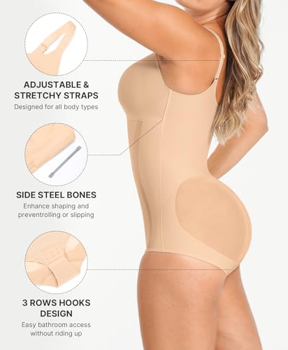 Image of SHAPELLX Shapewear for Women Tummy Control Body Shaper Slimming Bodysuit V Neck Body Shaper Suit Butt Lifter