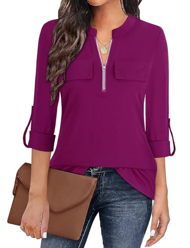 Gemulate Loose Long Sleeve Tops for Women Plus Size V Neck Blouse Womens Tunics Tops for Leggings Fashion Ladies 3 Quarter Sleeves T Shirt Purple Red L