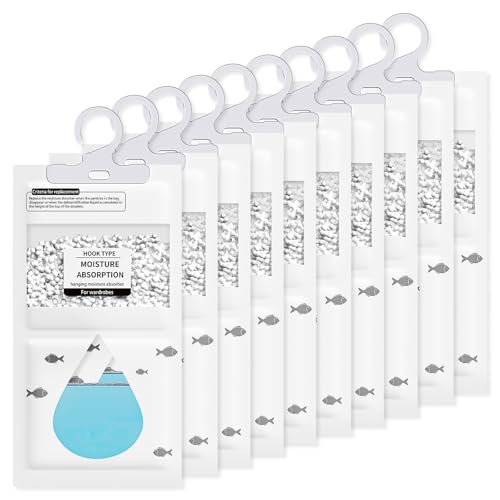 10 Pack Wardrobe Dehumidifier Hanging Bags Advanced Spherical Calcium Chloride 3-Day Fast Acting Moisture Absorbers Damp Mould & Condensation Remover for Home Bathroom Basement Caravan