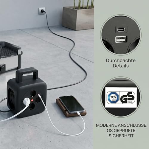 Enrouleur de câble 15m multiprise Schuko et chargeur USB C puissant 20W