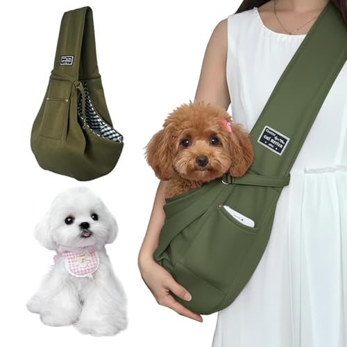 Lifetips マルチーズ(Maltese) ペットスリング 犬猫兼用 ショルダーキャリー 軽量 通気 洗える 調節可能 クッション付き 収納ポケット 斜め掛け アウトドア 11色展開 小型犬 中型犬 ペット用キャリーバッグ (ダークグリーン)