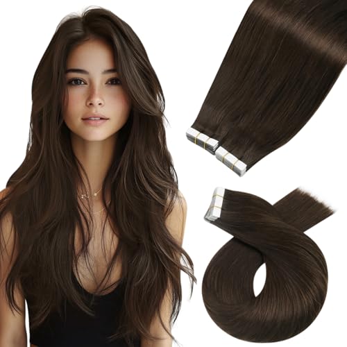Image of Moresoo Dark Brown Tape In Hair Extensions, 14 Inch, 40Pcs, 80g | Tape in hair extensions human hair, full-set density, flat tabs, short layers for volume blowouts and daily styling