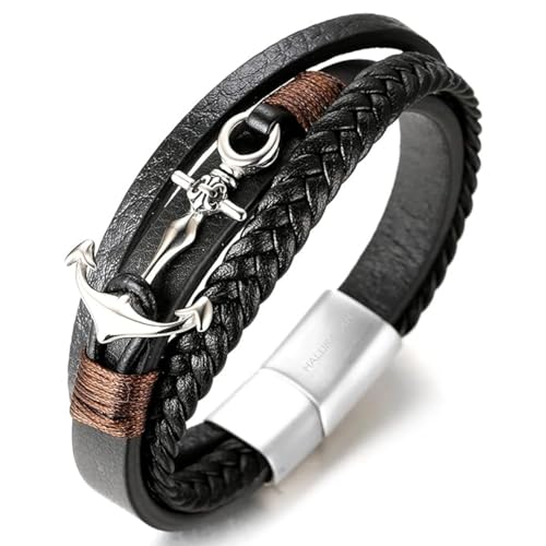 HALUKAKAH ● Voile ● Homme Bracelet en Cuir Véritable de Main Tresser Ancre Fermoir Magnétique en Titane Acier Mat 8.5