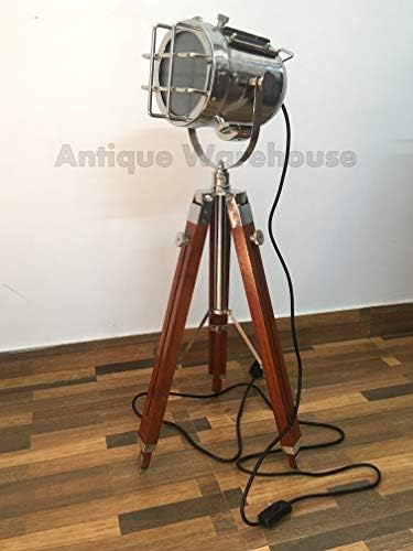 Nautical Handmade Floor Searchlight with Wooden Tripod Vintage Chrome Floor Lamp for Bedroom, Office, Living Room, Indoor Decor