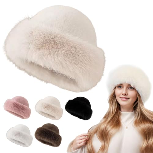 Faux Fur Bucket Hat, Womens Winter Plush Fluffy Furry Mink Hats Warm Thickened Fisherman Cap for Girls Women (Beige)