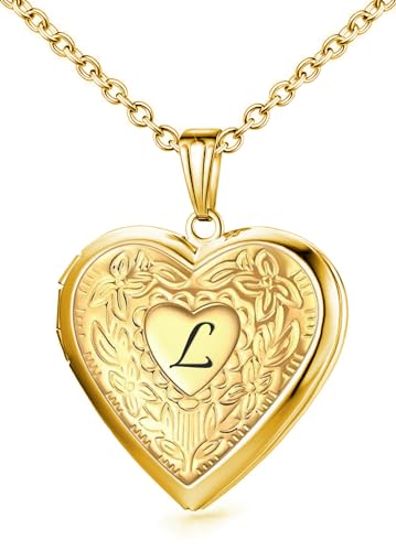 Locket Necklace Holds Pictures Alphabet Initial Letter Love Heart Lockets 18K Gold Plated Photo Memory Locket Necklaces Birthday Gifts
