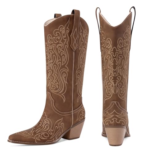 LOCERICH Women Knee High Boots Cowgirl Boots Cowboy Tall Boots Western Wide Calf Ladies Low Chunky Heel Snip Toe Comfortable Dress Boot with Embroidered3