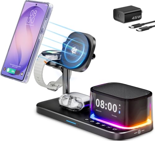 6-in-1 Magnetic Charging Station for Samsung,Qi2.2 25W Fast Wireless Charger for S26 Ultra,Alarm Clock/Night Light/Bluetooth Speaker,Charger Stand for Magsafe for Z Fold 8 Ultra/Fold8 Wide, Watch9/8