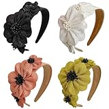 FZBNSRKO Flower Fashion Headband,4 Pcs Wide Fabric Headbands With Two Flowers,Non Slip Top Knotted Wide Headbands Wide Head Bands Hair Accessories for Women/Girls(black,rice white,pink,yellow)
