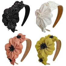 عصابة رأس FZBNSRKO Flower Fashion، 4 قطع من عصابات الرأس القماشية العريضة مع زهرتين،عصابات رأس عريضة غير قابلة للانزلاق،عصابات رأس عريضة،إكسسوارات شعر للنساء/الفتيات، أسود، أبيض أرز، وردي، أصفر