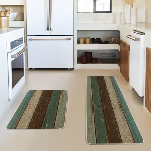 Artoid Mode KITCHENMAT-RUBBER-REGULAR-4373118-041 Green Retro Rustic Wood Texture Kitchen Mats Set Of 2, Home Spring Summer Decor Kitchen Rugs thumb #1