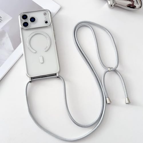Coque iPhone 15 transparente magnétique argentée avec cordon amovible