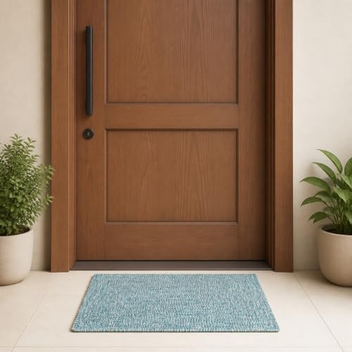 Image of Handmade Cotton Braided 40x60 cm Doormat Rug - Washable, Low Pile Reversible Floor Mat for Bedroom, Kitchen, Entryway & Living Room - Eco-Friendly Woven Carpet - (Multi Green, Rect)