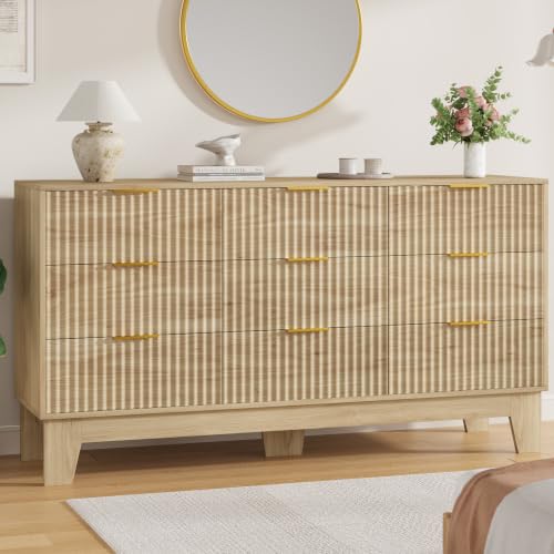 Image of Garvee 9 Drawer Dresser for Bedroom, 59 inch Wide Fluted Chest of Drawers with Metal Handle, Modern Wooden Dresser TV Stand, Clothes Storage Organizer Wood Closet for Hallway, Entryway, Natural Oak