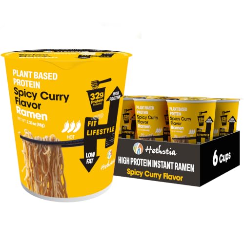 Hethstia Protein Ramen Spicy Curry Flavor, 6-Pack Instant Noodle Soup, 32g Plant-Based Protein, Vegan, Low Fat, Non-GMO, Healthy High Protein Ramen Meal