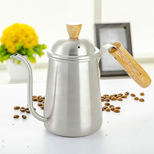 Coffee Press 650ml Kettle Coffee Tea Pot Wooden Handle Gooseneck Drip Stainless Steel Drip Kettle Pots(Silver 650ml)
