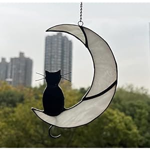 Black Cat Decor On White Moon Stained Glass Window Hanging Suncatcher for Windows Panels Sun Catcher Halloween Ornament Decoration Memorial Gift for Lover Cat Loss