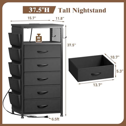 Image of EnHomee Nightstands Set of 2 with 5 Drawers, Black Dresser with Charging Station and LED Light, Tall Nightstand with Extra Side Bag & Hooks, Bedroom, Closet, Hallway, Entryway, Black