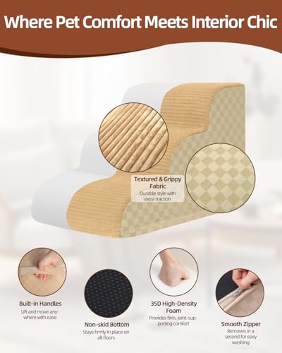 Image of Dog Stairs Curved Ramp for Small Dogs 19.5 inch H, 4-Step Pet Stairs for Couch Bed with High Density Foam, Dog Slope Stairs with Durable Non-Slip Bottom Khaki