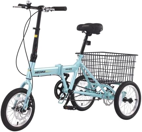 Folding Tricycle for Adults, 14 Inch 3 Wheel Bikes for Adults with Basket, 95% Pre-Assembled Collapsible Steel Frame 200 LBS Capacity