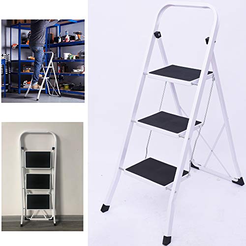 Preisvergleich Produktbild Stehleiter Stahl Trittleiter 3 Stufen Leiter Stepladder Tritthocker Faltbarer Haushaltleiter Klappleiter,TÜV Rheinland GS-Zertifikat,Max.Belastbarkeit bis 150 kg, 5 Jahre Garantie