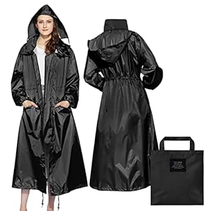 LAMA Stijlvolle lange regenjas, uniseks, regenponcho met waterdichte klepzak, capuchon, trekkoord, regenkleding, regencape, regenjas, voor volwassen dames en heren, zwart, One Size