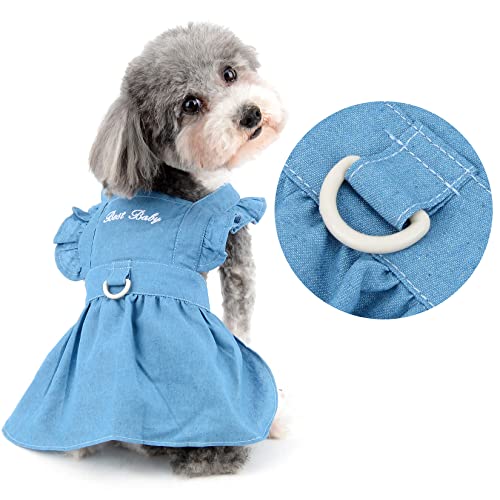 RANPHY 犬服 ワンピース 春夏 デニム 犬用ドレス ハーネス 犬の服 スカートペット服 かわいい おしゃれ 涼しい ドッグウェア チワワ 洋服 小型犬 子犬 猫服 通気性 袖なし お姫様 記念撮影 散歩 お出かけ 春夏秋