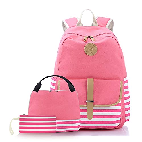 Joyfulife School Backpack for Girls Lightweight Canvas Stripe Backpack Student Kids Bookbags Teens Backpack with Lunch Box Pencil Bag - image 1