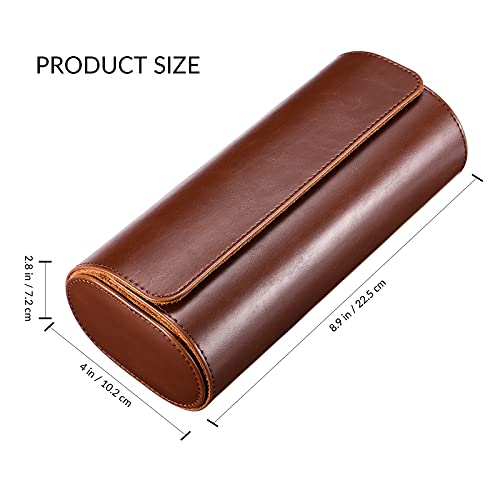 iplusmile Watch Box for Men: Portable Travel Watch Roll Case 3 Slot Vintage PU Leather Case Organizer for Wristwatches and Smart Watches up to 50mm, Brown
