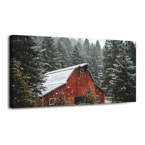 30"x 60" Winter Canvas Wall Art Christmas Barn Scene Snowfall
