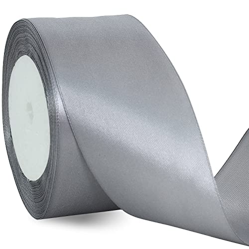 TONIFUL 2 Inch x 25 Yards Wide Silver Satin Ribbon Solid Fabric Ribbon for Gift Wrapping Crafts Chair Sash Eternal Flower Invitation Cards Hair Bows Sewing Party Wedding Decoration