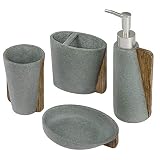Suhu 4tlg Badezimmer Set aus Kies Holzmuster Badset Modern Bad-Accessoires Badaccessoires Badzubehör Badausstattung mit Seifenspender Seifenschale Zahnbürstenhalter Zahnputzbecher Braun+Grau