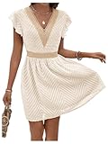 MakeMeChic Women's Contrast Lace Short Dress Ruffle Cap Sleeve V Neck Summer Boho A Line Dresses Apricot Small