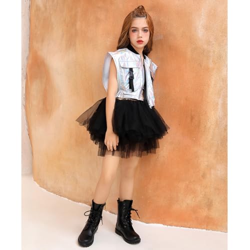 Image of Perfashion Girls Vest Cropped Cargo Metallic Jacket Buckle Zip Up With Pockets Streetwear Outfit 4-13Y