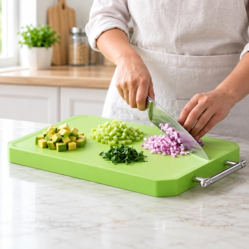 Image of E-COSMOS 2 in 1 Stainless Steel Cutting Board with Green Border and Handle, Measurement Scale Chopping Board for Vegetables, Fruits, Paneer and Meat, Easy-Clean Kitchen Prep Board, (34L X 21W)
