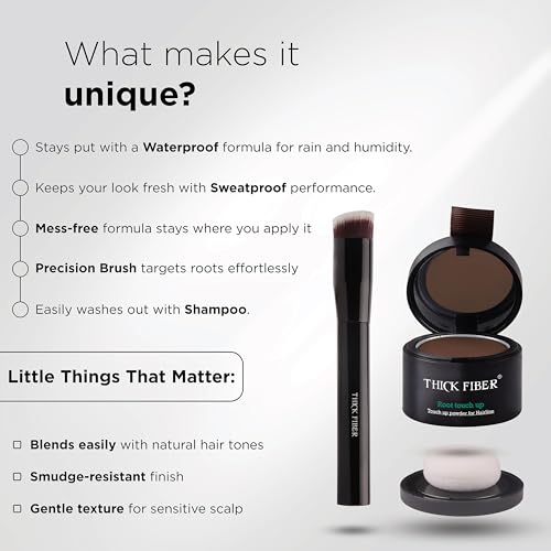 Image of THICK FIBER Root Touch Up & Hairline Powder with Precise Brush for Grey Root Coverage & Thin Hair (Deep Dark Brown, 4g) - Water & Sweat Resistant - Hair Loss Concealer for Women, Bald Spots & Hair Fill-In