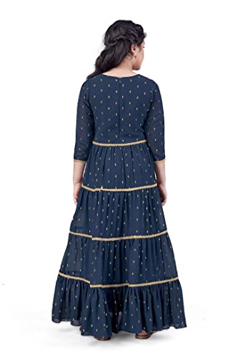 Image of Jwalin Girls Georgette Maxi Length Foil Printed Dress(Teal 7-8 Year)