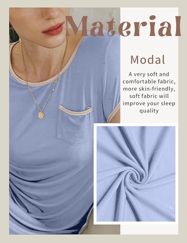 Image of Ekouaer Womens Nightgown Sleep Shirt Dress Satin Patchwork Short Sleeve Sleepwear with Pocket